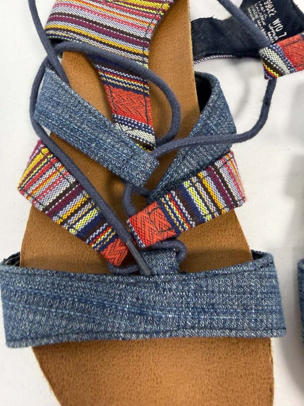 Minnetonka Effie Multi-Colored Striped Denim Lace-Up Gladiator Sandals - Picture 2 of 5